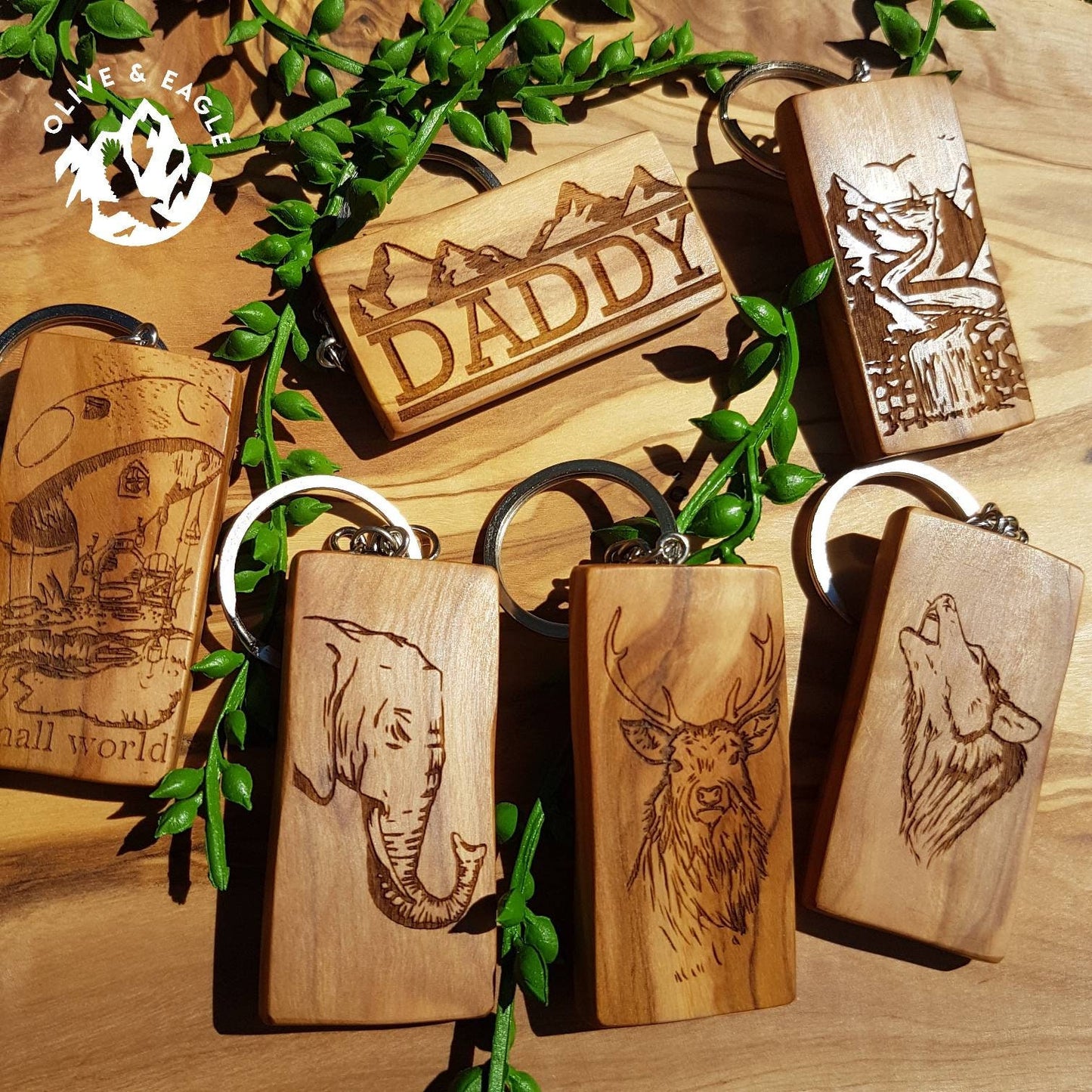 Olive Wood Engraved Keyring,