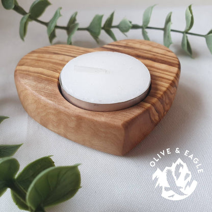 Olive wood heart tealight candle holder.