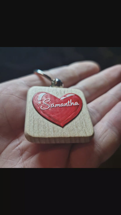 Personalised Wooden Keyring – UV Printed raised Heart and Name