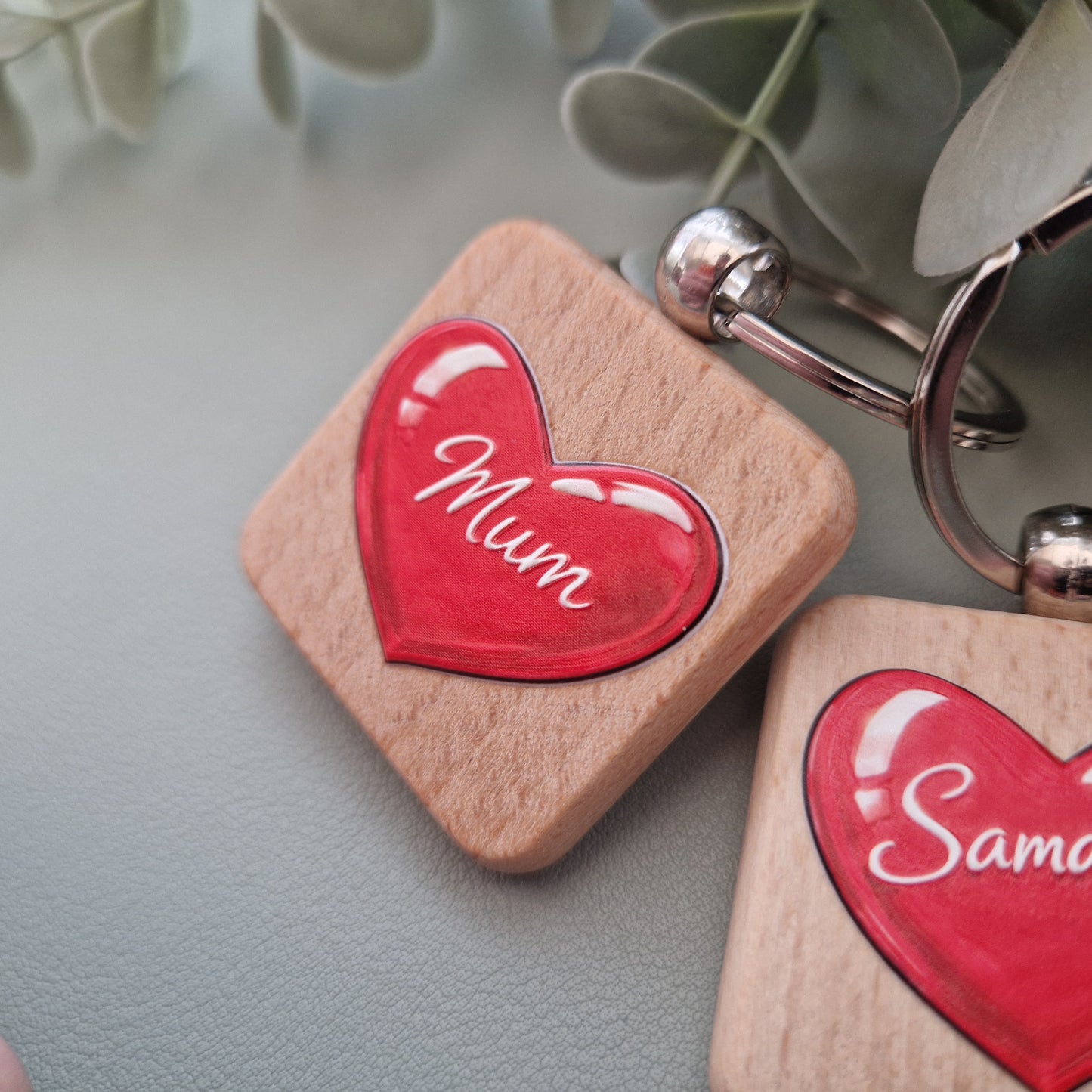 Personalised Wooden Keyring – UV Printed raised Heart and Name