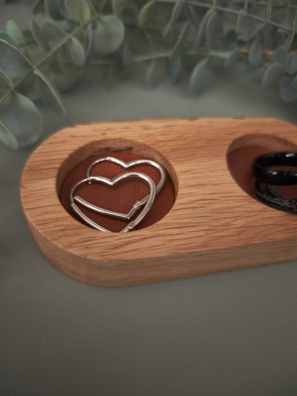 Double Ring Trinket Holder | Oak Wood Jewelry Stand with Faux Leather Base | Minimalist Ring Display