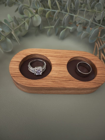 Double Ring Trinket Holder | Oak Wood Jewelry Stand with Faux Leather Base | Minimalist Ring Display