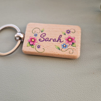 Wooden keyring, floral design, personalised gift