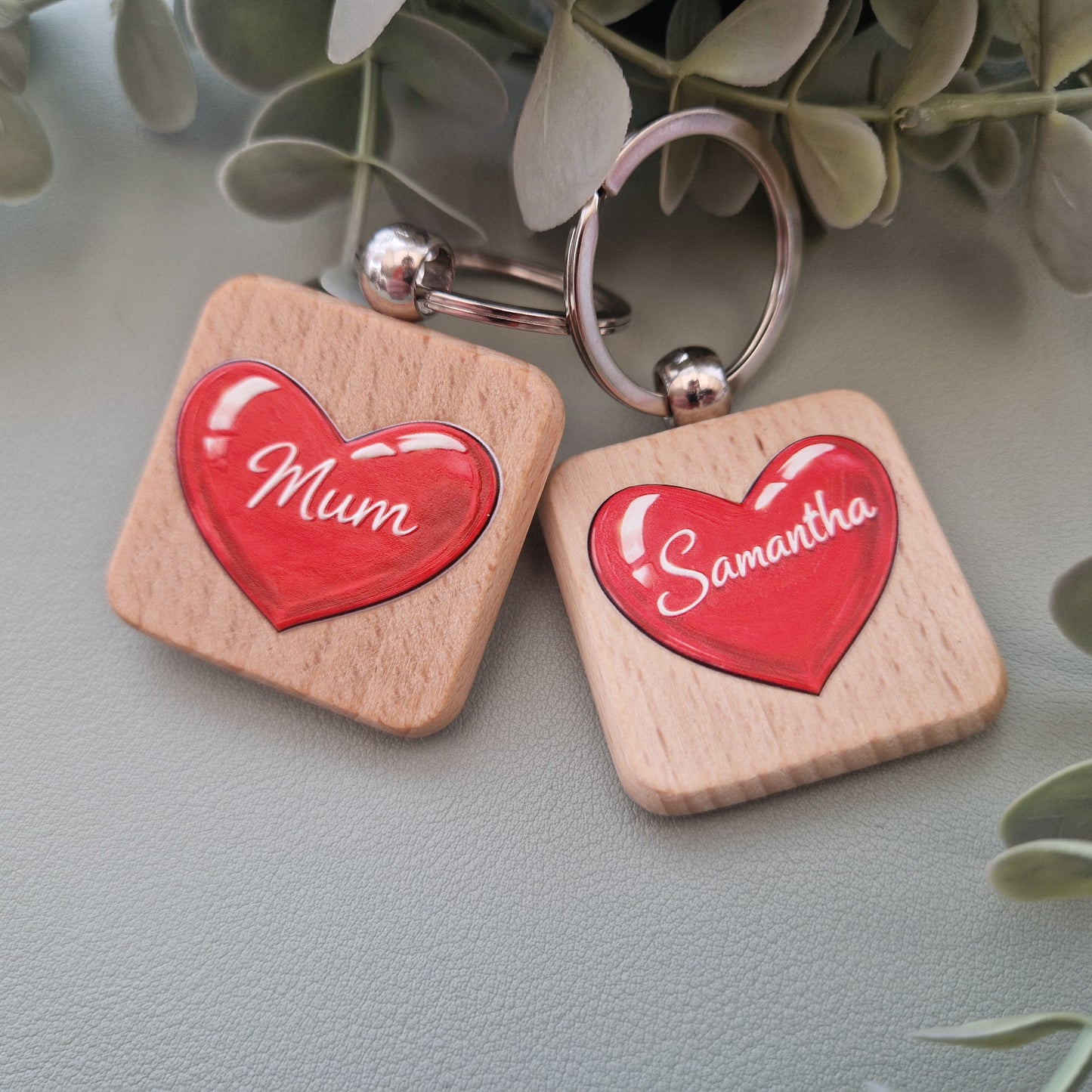 Personalised Wooden Keyring – UV Printed raised Heart and Name