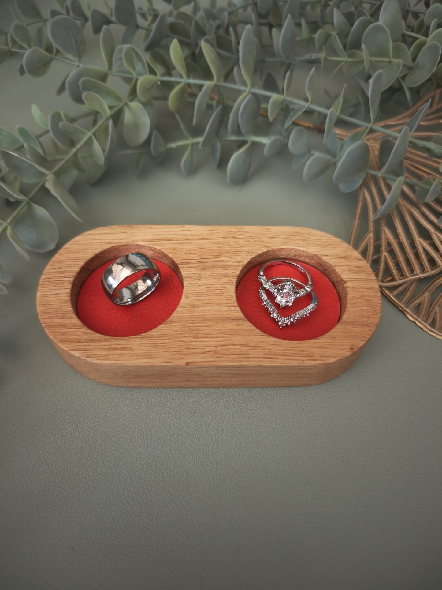 Double Ring Trinket Holder | Oak Wood Jewelry Stand with Faux Leather Base | Minimalist Ring Display