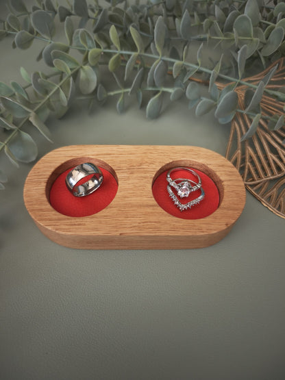 Double Ring Trinket Holder | Oak Wood Jewelry Stand with Faux Leather Base | Minimalist Ring Display