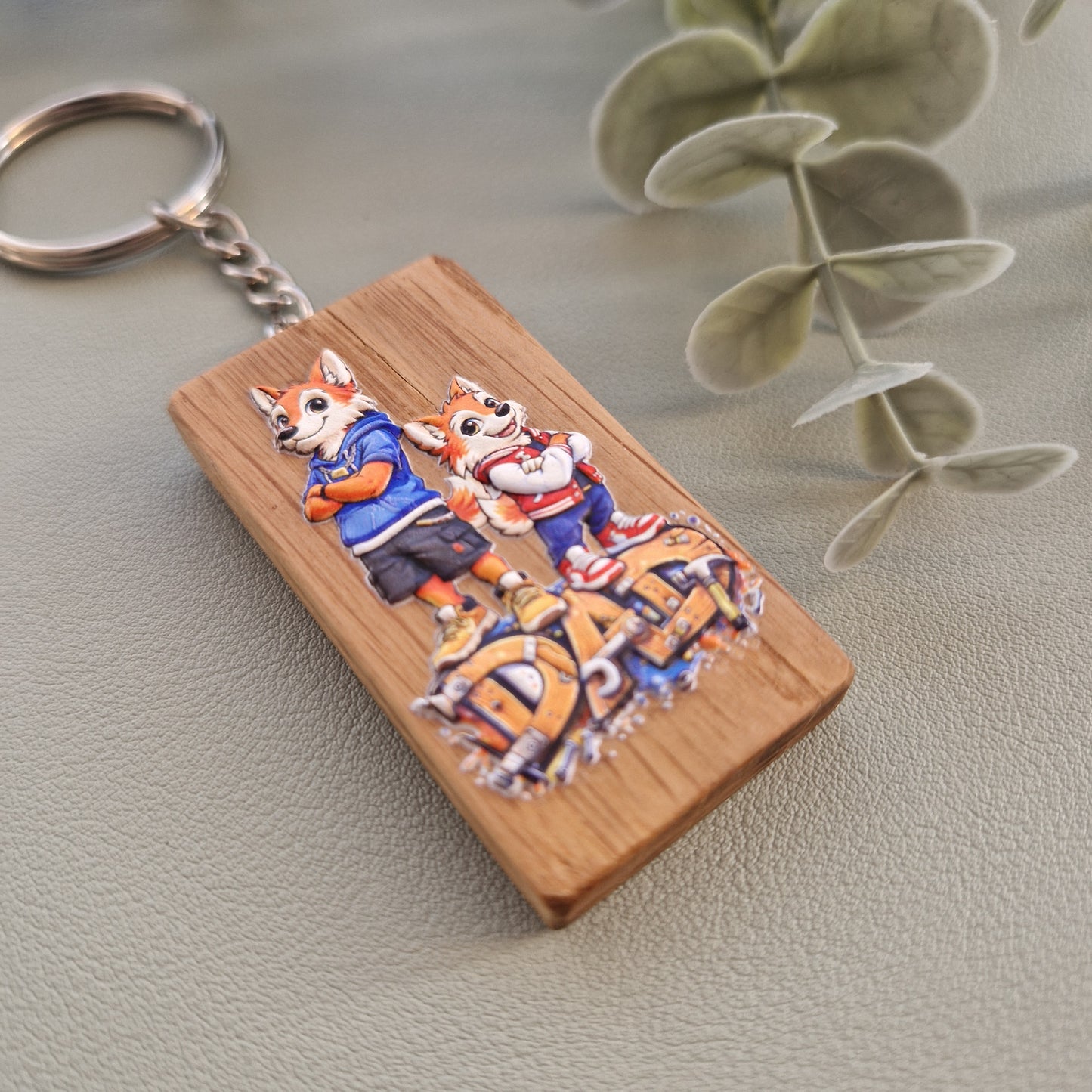 Dad & Son Fox Duo – oak Keychain