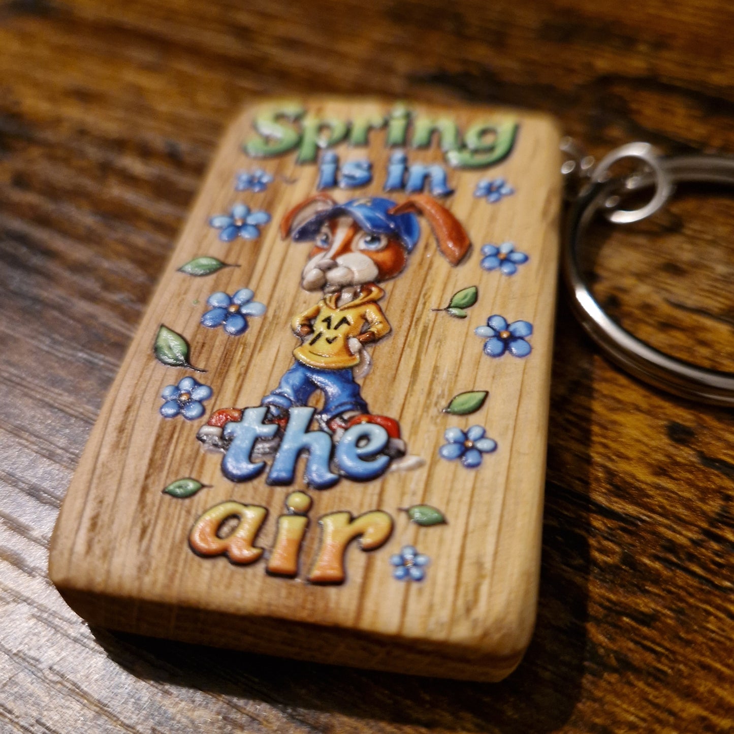 “Spring Is In The Air” Rabbit Wooden Keychain
