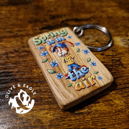 “Spring Is In The Air” Rabbit Wooden Keychain