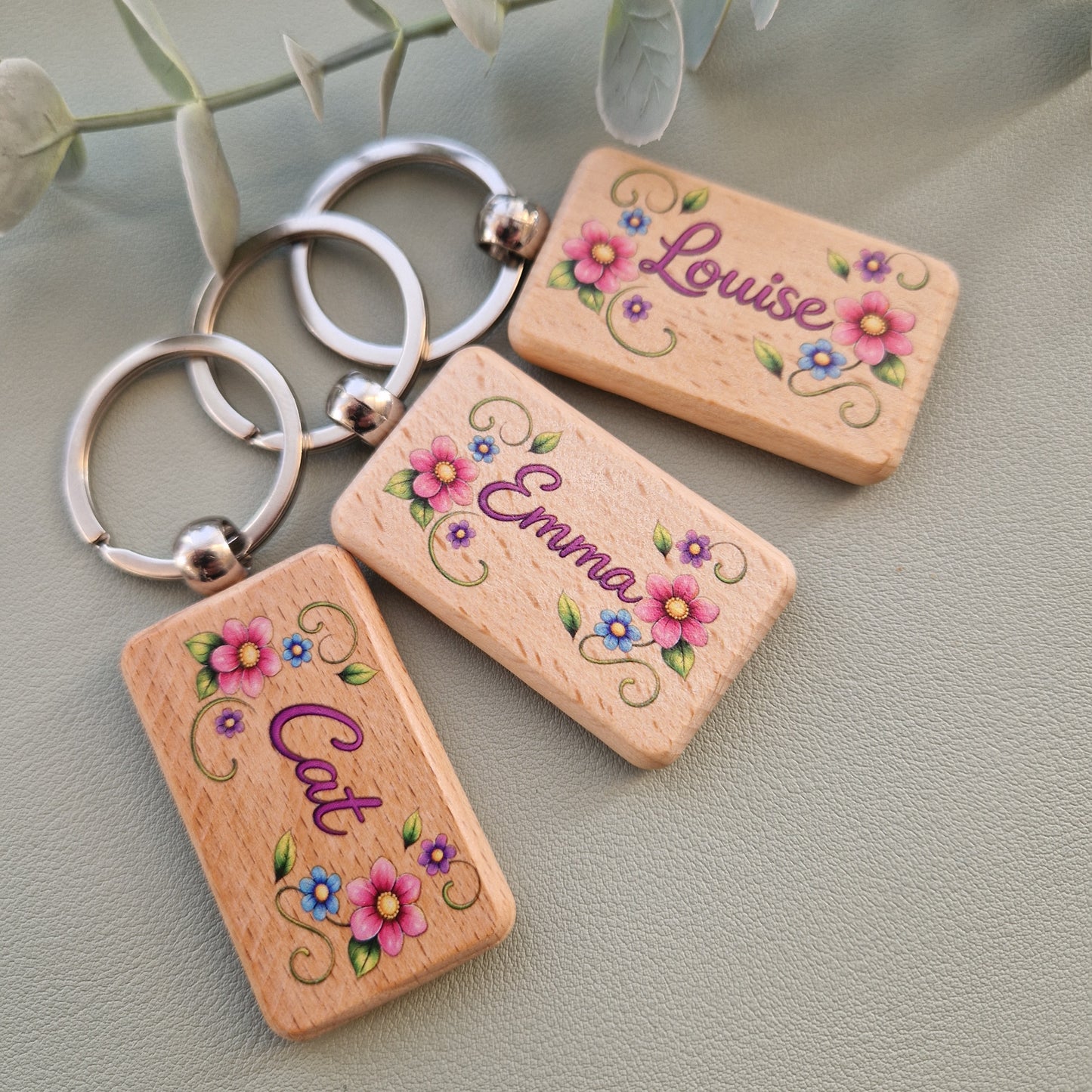 Wooden keyring, floral design, personalised gift
