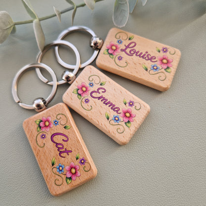 Wooden keyring, floral design, personalised gift