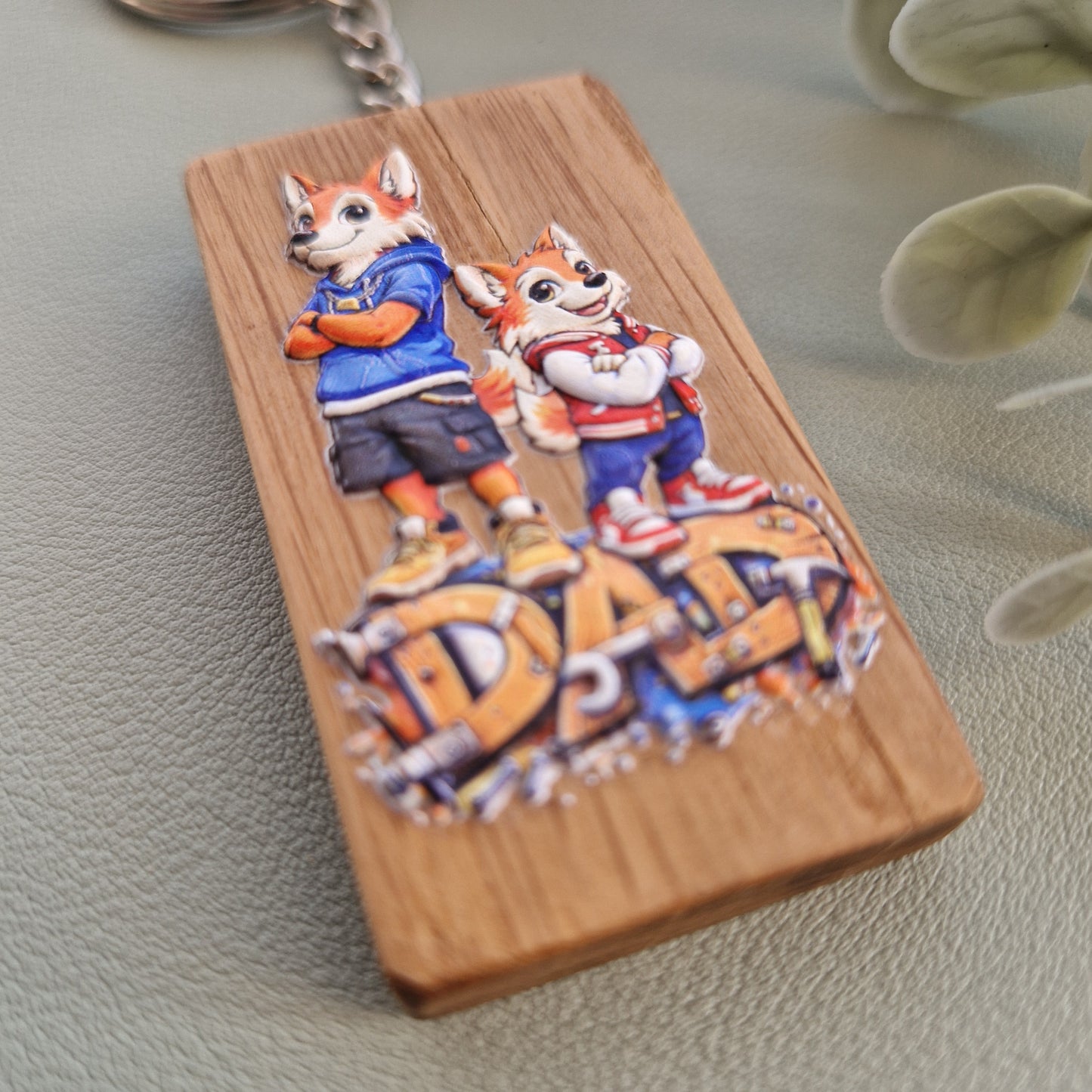 Dad & Son Fox Duo – oak Keychain