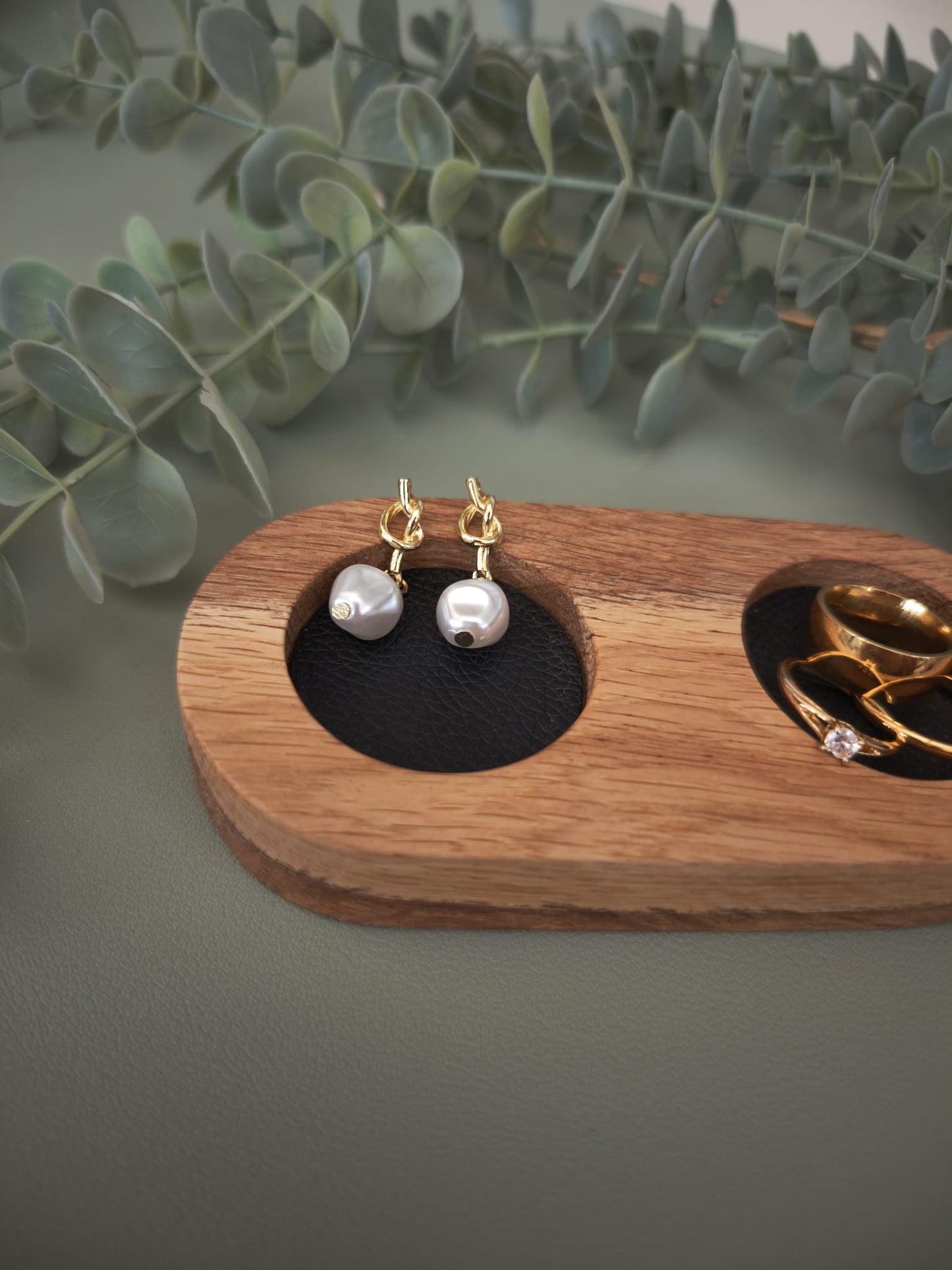 Double Ring Trinket Holder | Oak Wood Jewelry Stand with Faux Leather Base | Minimalist Ring Display