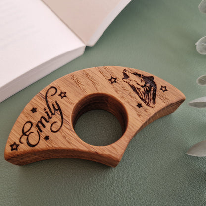 Personalized Oak Book Page Holder | Wolf & Stars Design | Laser Engraved Thumb Holder | Book Lover Gift | Reading Accessory | Custom Gift