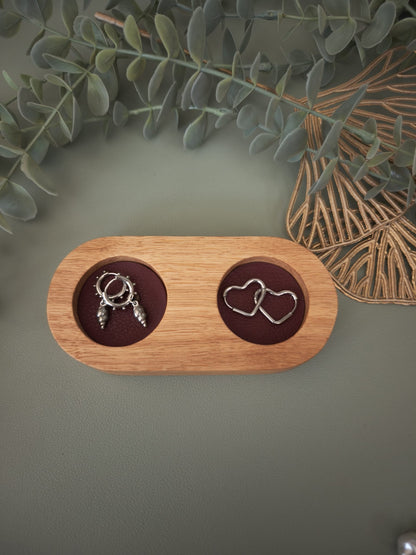 Double Ring Trinket Holder | Oak Wood Jewelry Stand with Faux Leather Base | Minimalist Ring Display