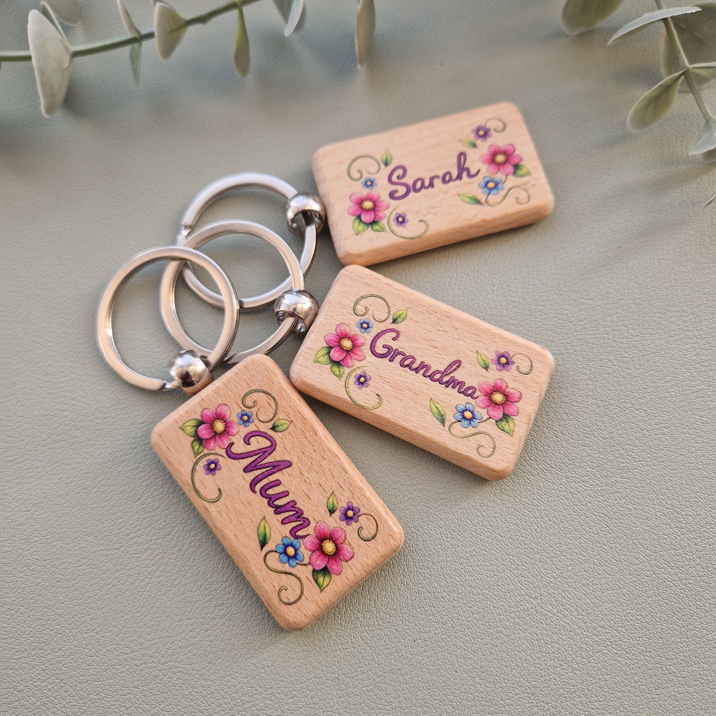 Wooden keyring, floral design, personalised gift