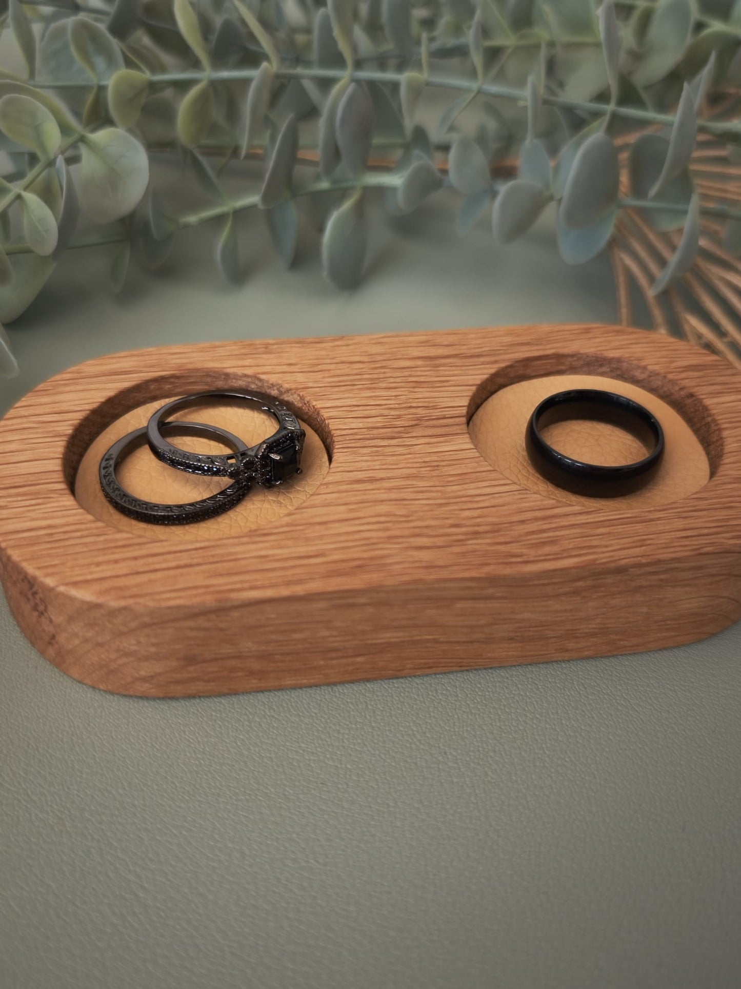 Double Ring Trinket Holder | Oak Wood Jewelry Stand with Faux Leather Base | Minimalist Ring Display