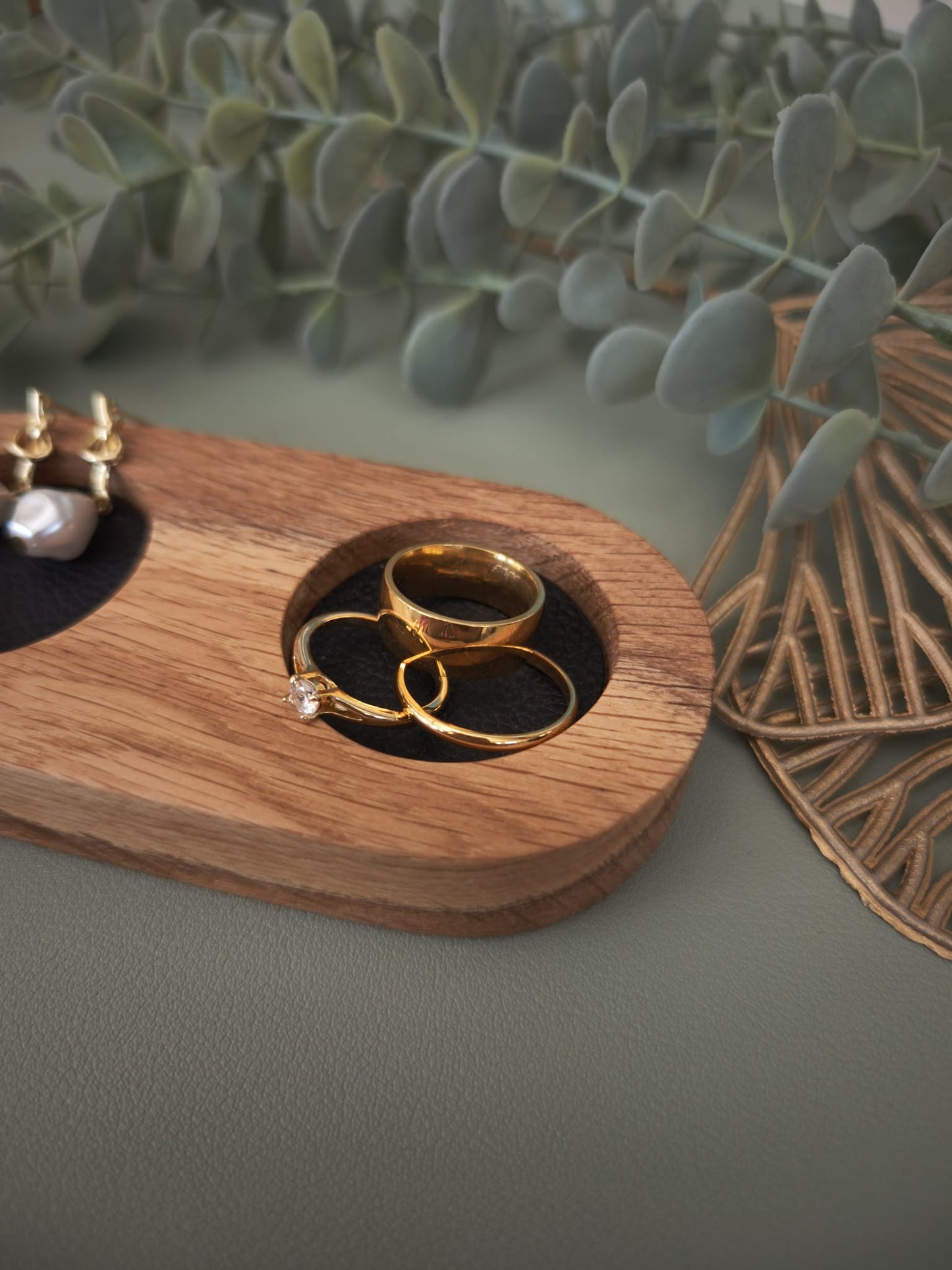 Double Ring Trinket Holder | Oak Wood Jewelry Stand with Faux Leather Base | Minimalist Ring Display