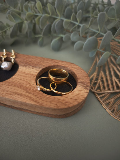 Double Ring Trinket Holder | Oak Wood Jewelry Stand with Faux Leather Base | Minimalist Ring Display