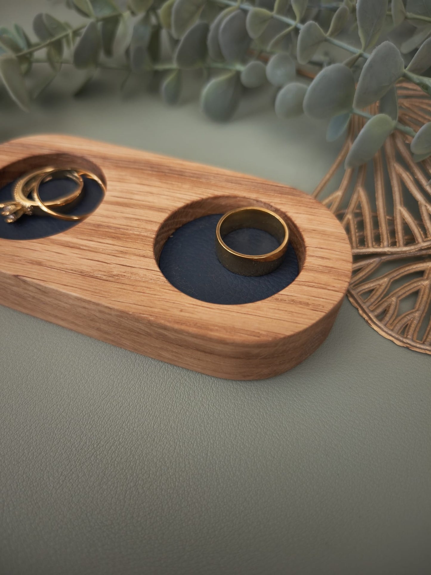 Double Ring Trinket Holder | Oak Wood Jewelry Stand with Faux Leather Base | Minimalist Ring Display