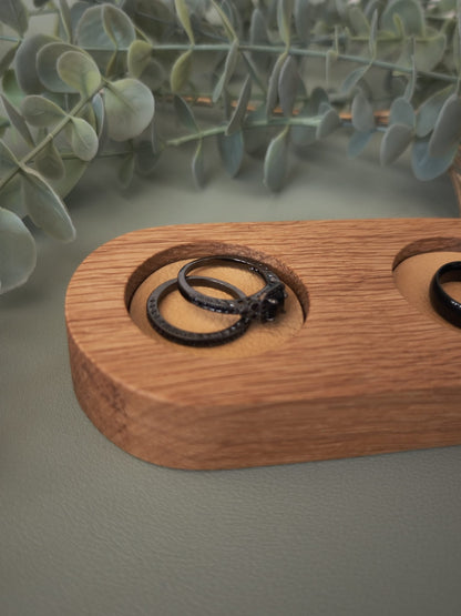 Double Ring Trinket Holder | Oak Wood Jewelry Stand with Faux Leather Base | Minimalist Ring Display