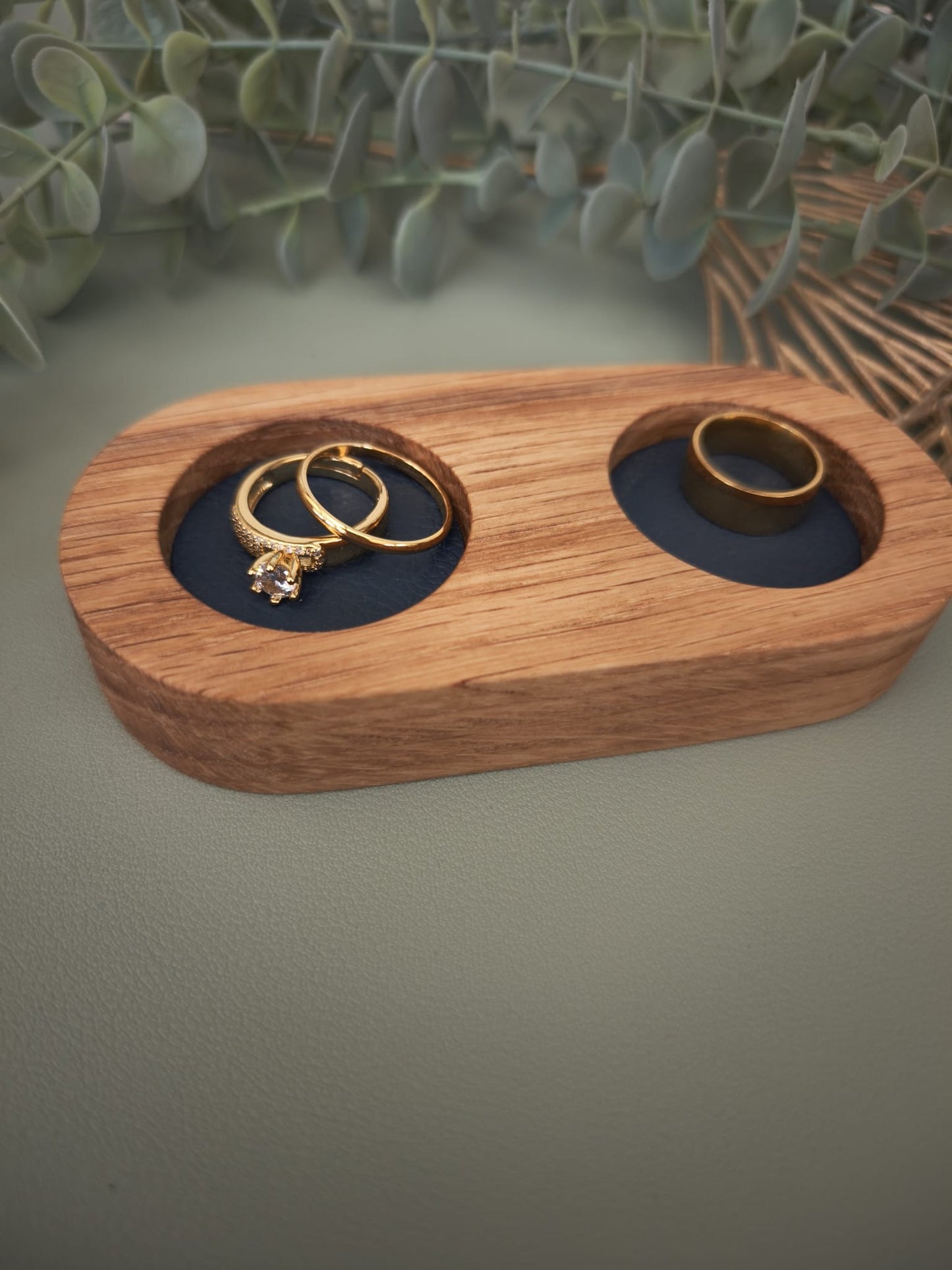 Double Ring Trinket Holder | Oak Wood Jewelry Stand with Faux Leather Base | Minimalist Ring Display