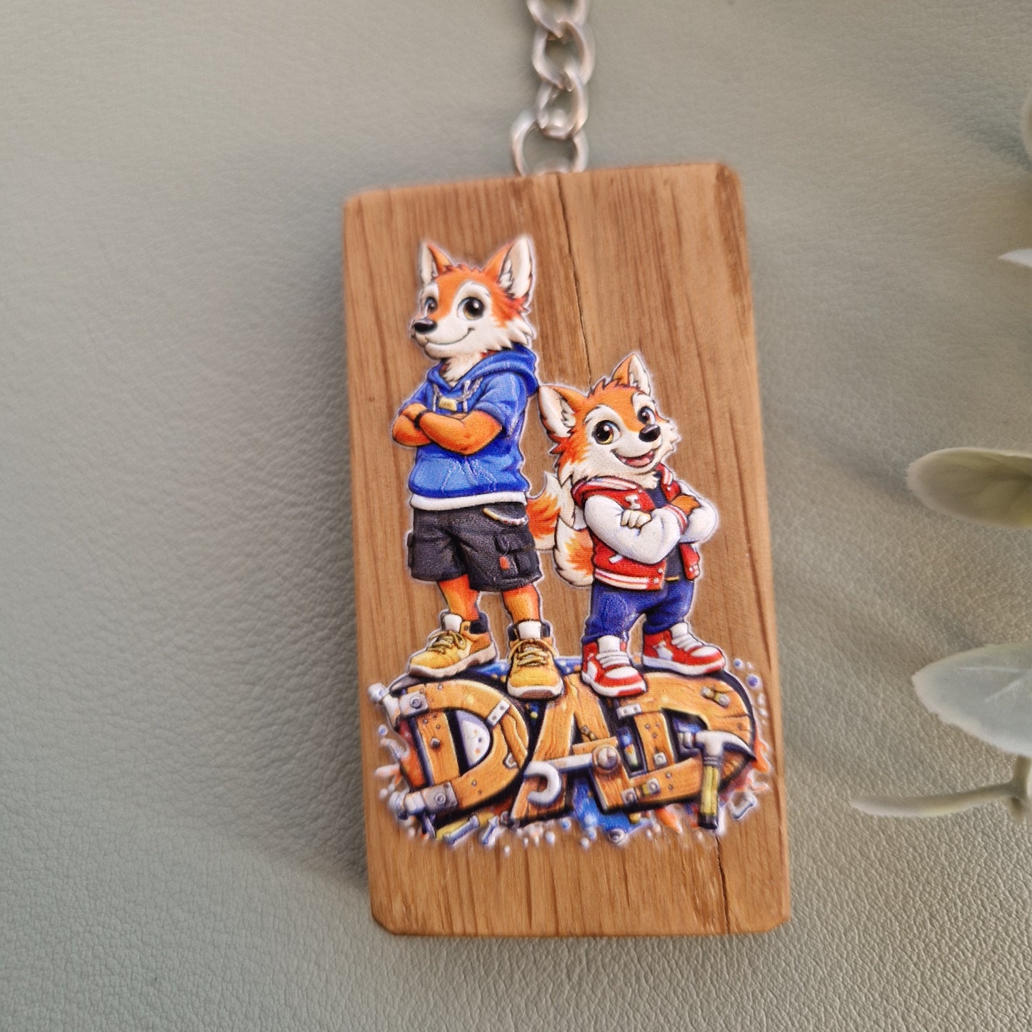 Dad & Son Fox Duo – oak Keychain