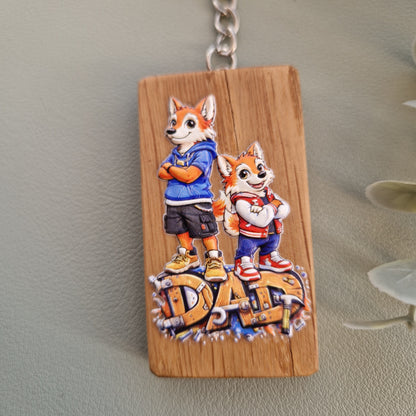 Dad & Son Fox Duo – oak Keychain