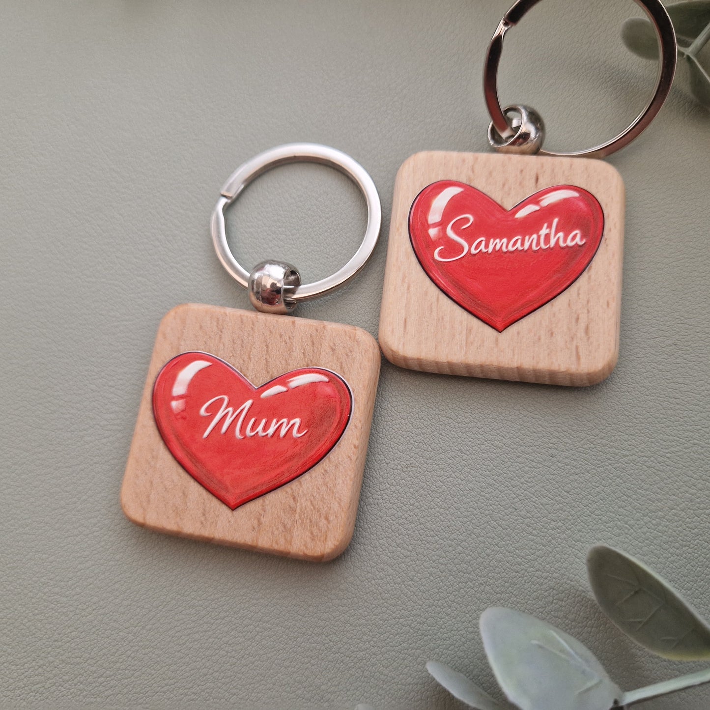 Personalised Wooden Keyring – UV Printed raised Heart and Name